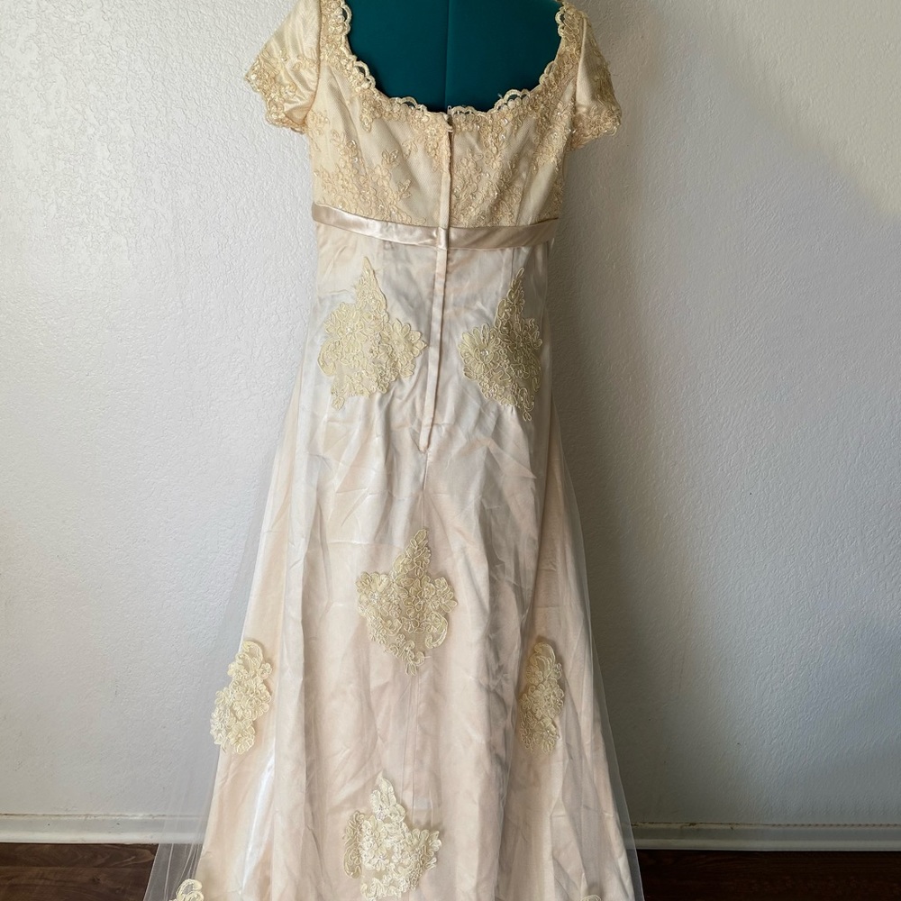 SOLD Champagne Gold Long Satin Pearl Wedding Dress - Picture 6 of 8